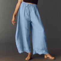 Women Casual Wide Leg Pants Elastic Waistband Drawstring Waist Patchwork Lace Hem Loose Fit Palazzo Trousers for Everyday Wear L