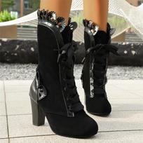 Fashion Women Boots Vintage Leopard Design Mid-calf Boots 8.5cm High Heeled Boot Retro Lace-up Gothic Boots Botines Para Mujeres 35