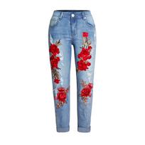 Women's Mid Rise Rose Floral Embroidery Straight Leg Jeans Distressed Cuffed Denim Pants Streetwear Casual Long Trousers S šviesiai mėlyna spalva