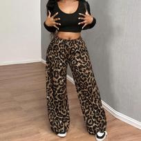 Nazada Autumn Leopard Print Tie-Up Loose Casual Pants S leopardas