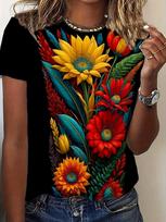 Black Women's Tee - Vibrant Sunflower & Floral Bouquet Graphic, Bold Tropical Flower Design for Casual Daily Wear S