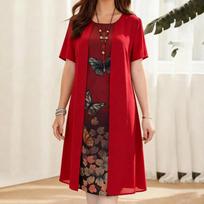 Women's V Neck Short Sleeve Midi Dress Loose Fit Loose Waist Spliced Print Elegant Casual Dress 2026 Summer Chiffon Two In One Dress S raudona