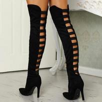 Women Sexy Over The Knee Boots Women's Hollow Out Long Boots Ladies High Thin Heel Pointed Toe Party Pumps Female Shoes 43 juoda