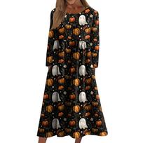Women's Casual -neck Halloween Print Mid-length Dress Long-sleeved Dress With Pocket L juoda