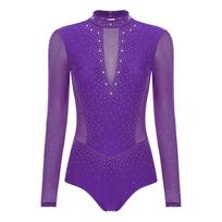 S-XXL Women‘s Glitter Rhinestone Leotard Long Sleeve Back Hollow Out Mesh Patchwork Bodysuit for Figure Skating Gymnastics Ballet Athletic Wear S violetinė