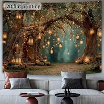 2D Mystical Enchanted Forest Tapestry, Old Trees with Warm Lantern Lights Wall Art 70.9x43.3inch/180*110cm brown