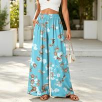 Women’s High Waist Wide Leg Pants Elastic Waistband Loose Fit Floral Print Casual Trousers Lightweight Flowing Design for Daily Wear XXL