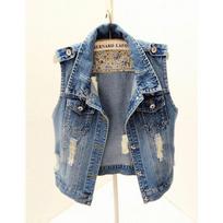 Large Size Sleeveless Slim Hole Jeans Jacket Waistcoats Casual Tops Single Breasted Women Denim Jacket Vest Short Outerwear XS mėlyna