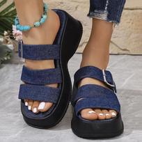 Blue Denim Chunky Platform Slippers Women Fashion Buckle Wedge Heels Sandals Woman Summer Comfort Thick Bottom Outdoor Slippers 36 mėlyna