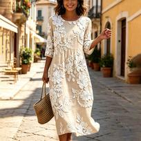 Women's Vintage Bohemian Floral Print Midi Dress with Round Neck for Casual Spring Summer L smėlis