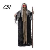 Skeleton Reaper Garden Statue Halloween Scary Animatronics Witch Decoration, Sound Activated Standing with Creepy for Porch Voice, Horror Move, B