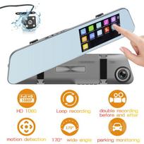 4,5 colio automobilio prietaisų skydelio jutiklinis ekranas HD automobilio galinio vaizdo veidrodinė kamera DVR plataus kampo naktinio matymo priekinė ir galinė automobilio prietaisų skydelio kamera, WDR automobilio laikiklio kamera Touch Screen Dual Lens sidabras