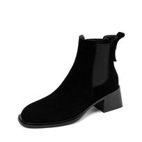 2024 Cow Leather Cow Suede Western Boots Women Shoes Zipper Round Toe Square Heels Autumn Winter high heels Black Ankle Boots 34 juoda