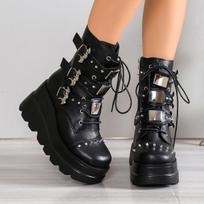 Women's Goth Platform Motorcycle Boots Punk Rivet Buckle Strap Combat Booties for Women Thick Bottom Wedge Heels Mid Calf Shoes 35 juoda