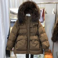 Women's Winter Mid-Length Thickened Duck Down Coat with Fur Collar and Waist-Hugging Design S (90-125jin)