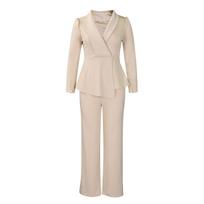 Autumn Winter Women's Ruffle Blouse & Wide Leg Pants Set, Plus Size Office Lady Coord with Elegant Design, Professional Workwear Two Piece Outfit S chaki