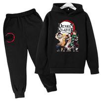 Vaikų su gobtuvu anime paltas Demon Slayer Vaikų gobtuviniai megztiniai+kelnių komplektai Mergaitėms Berniukams Spausdinti Laisvalaikio megztiniai su gobtuvu 120 black