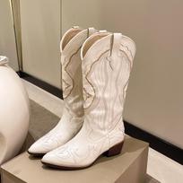 Fashion Western Cowboy Boots for Women Embroidered Heels Boots Mid Calf Boot High End Leather Western Shoes Pointy Toe Wedge Ladies Boot 35 smėlis