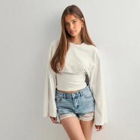 Women's Flare Sleeve Ruched Crop Top Crew Neck Casual Long Sleeve T-Shirt S balta