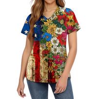 Women's fashionable V-neck short-sleeved work uniform with pockets, print top, caregiver uniform. L mėlyna