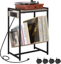 Plokštelių grotuvo stovas su vinilo plokštelių laikymo vieta, juodas patefonas su įkrovimo stotele ir USB prievadu su ratukais pilka spalva