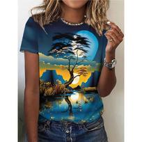 Women's Tee - Moonlit Tree & Lake Landscape Graphic, Serene Night Scenery Design for Casual Daily Wear S
