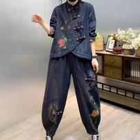 Ethnic Style Retro Disc Buckle Loose Large Size Embroidered Denim Western Style Suit Covering Meat and Slimming All-match Ladies' Two-piece Suit XXL mėlyna