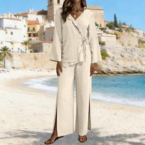 Women's Casual V-neck Long Sleeved Shirt Long Pants Two-piece Set L smėlis