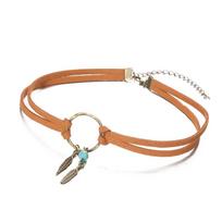 Vintage Necklace Choker Ancient Bronze Leaf Pendant Leather Geometric Ring Collarbone Chain