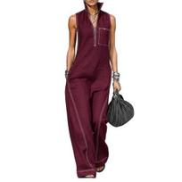 Women Sleeveless Jumpsuit Casual Long Pants Rompers with Pockets Summer Zip Up Stand Collar One Piece Overalls L vyno raudonos spalvos