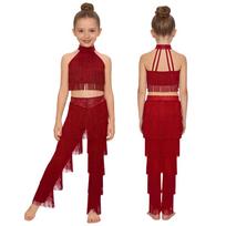 Girls Salsa Latin Dance Costume Sleeveless Strappy Back Tiered Tassels Crop Top Elastic Waistband Fringe Pants Set 5-6 Years