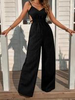 Black V-neck backless elastic waist wide-leg jumpsuit, women's clothing popular direct supply XS juoda