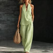 Women Linen V Neck Sleeveless Top and Wide Leg Pants Set Casual Loose Fit Striped Two Piece Outfit for Daily Wear S žalia