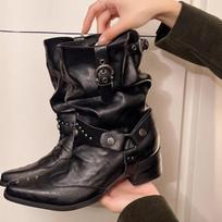 Pleated Western Mid-leg Boots Women's New Spring and Autumn Rivet Pointed Toe Block Heel Leather Shoes 35 juoda