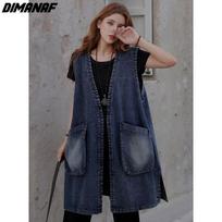 DIMANAF 2026 Autumn Winter Denim Jackets Long Coat Casual Sleeveless Women Plus Size Loose Vintage Outwear Vest L