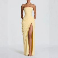 Women's Strapless Sleeveless Maxi Dress Slim Fit Mid Rise Elegant Ruched Split Evening Gown XS