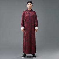 Chinese Silk Satin Dragon Print Long Shirt with Pan Kou Buttons - Purple Performance Robe Medium