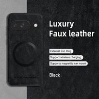 Google Pixel 9 9A 9 Pro 9 Pro XL PU odos dėklas su magnetiniu žiedu, minkštu kraštu, apsaugantis nuo kritimo ir pirštų atspaudų For Pixel 9 juoda