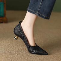 Madingi moteriški batai Madingi elegantiški biuro batai 2025 m. Nauji smailianosiai aukštakulniai moterims Tikros odos Retro bateliai Zapatos De Mujer 39 juoda