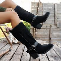 Women Boots Autumn Winter Pointed Toe Buckle Decoration Shoes Trend Knee High Western Boots Women Soft Thick Heels Ankle Boots 36 juoda