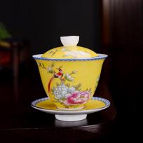 Handmade Sancai Enamel Gaiwan Tea Cup Set with Lid & Saucer, White Porcelain Kung Fu Tea Bowl Yellow