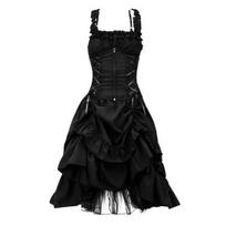 Women Cosplay Dress Gothic Style Witch Layered Ruffle Hem Mesh Halloween Party Costume Lace-up Strap Collarless Zipper Sleeveless A-line S juoda