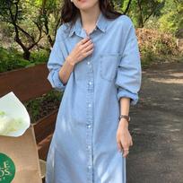 Korean Chic Denim Lapel Shirt Dress - Casual Long Sleeve, Loose Fit for Spring/Autumn Women One Size šviesiai mėlyna spalva