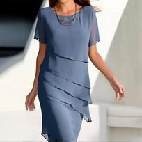 Women's Summer Elegant Chiffon Midi Dress Round Neck Short Sleeve Layered Slim Fit Formal Evening Party Dress S mėlyna