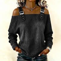 Women Off Shoulder Denim Long Sleeve Top Adjustable Strap Relaxed Fit Pullover Blouse L juoda