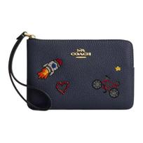 Coach Corner Zip Wristlet 16 Embroidered Pattern Leather Clutch Small Women clutch Dark-Denim CDF32-IML6I Basic Set (Bag+Dust Bag) black