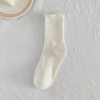 Women Ribbed Mid-Calf Socks with Ruffle Edge Cotton Blend Comfortable Elastic Soft Fabric Durable Seamless Toe Design One Size smėlis