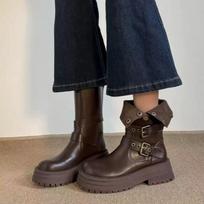 Fashion Women's Boots New Platform Boots Leather Rock Cowboy Mid Calf Ladies Boots Heels Lace Shoes for Women Botas Para Mujer 35 ruda