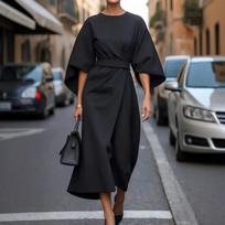 Women Elegant Solid Midi Dress, Batwing Sleeve Belted Waist Wrap Dress, Loose Formal Casual Long Dress for Office Street Daily Vacation S juoda
