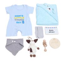 Baby Shower Gifts Basket Including Clothes Cute Doll Wooden Rattle Toy Funny Bibs Socks Greeting Card Newborn Baby Gifts Set Blue white